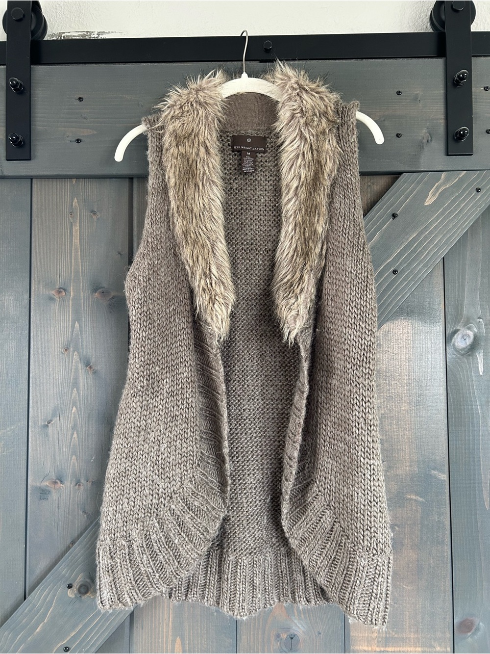 Fenn Wright Manson Taupe Knit Vest with Faux Fur Trim